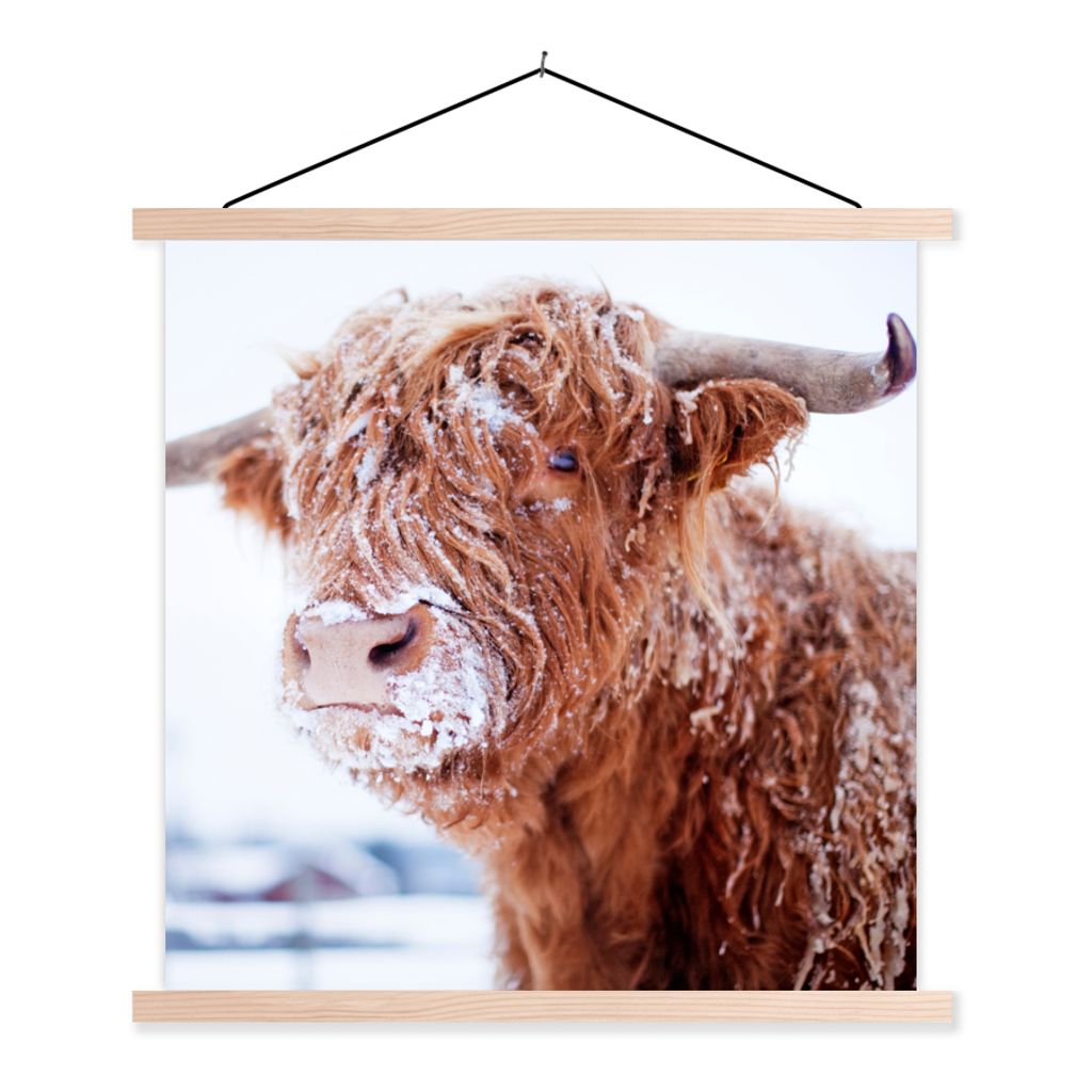 MuchoWow Textilposter Schottischer Highlander - Schnee - Braun 60x60 cm mit holzfarbenen Rahmen - Wanddekoration