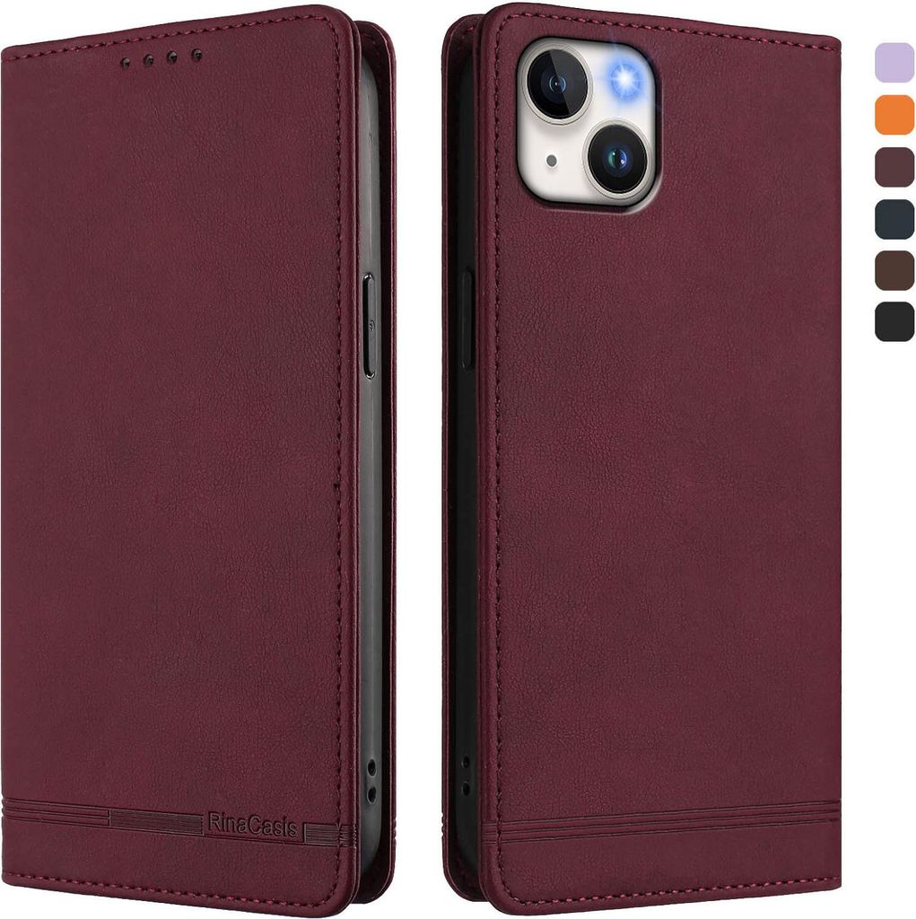 Hülle für iPhone 14 Plus, Retro Kunstleder Ständer Klapphülle mit Kartenfächer und Magnetische Rot