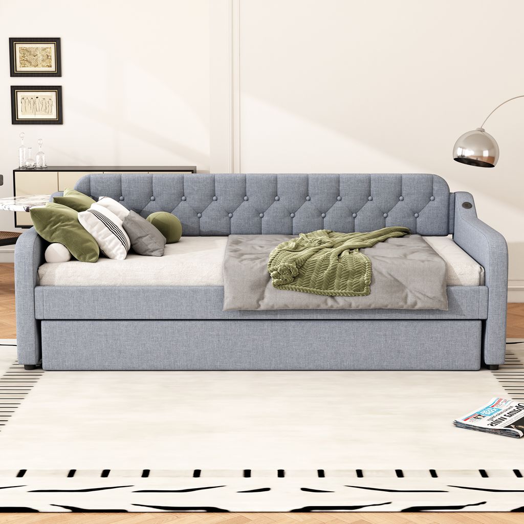 TIZZ Schlafsofa Daybett 140x200cm Grau - Mit USB-Ladestation & LED-Beleuchtung
