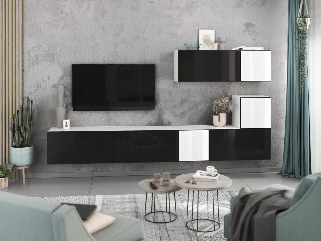 Wohnwand VARIANTO 2 Schrank Set 7 tlg., 266 cm, weiß matt / schwarz Hochglanz / weiß Hochglanz M2, grifflos, stehend und hängend