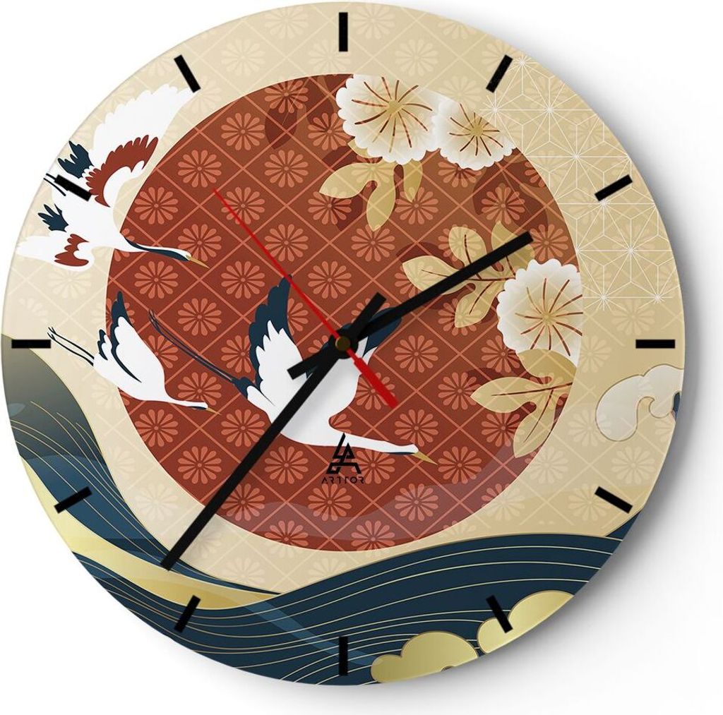Wanduhr - Rund - Glasuhr - Reiher Sonne Meer - 30x30cm - Produktbild 