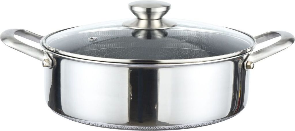 A stainless steel pot with a glass lid and handles, shown from the front.