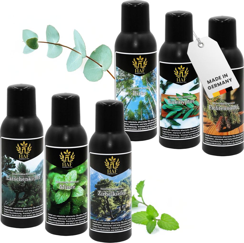 HAF Saunaaufguss Set „Waldfrische“ - 6 x 100ml Sauna Aufgussmittel Birke, Eukalyptus, Fichtennadel, Latschenkiefer, Minze, Kiefer