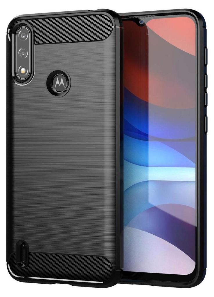 A black protective case for a Motorola Moto E7i Power phone is shown diagonally, with the phone screen visible on the right.
