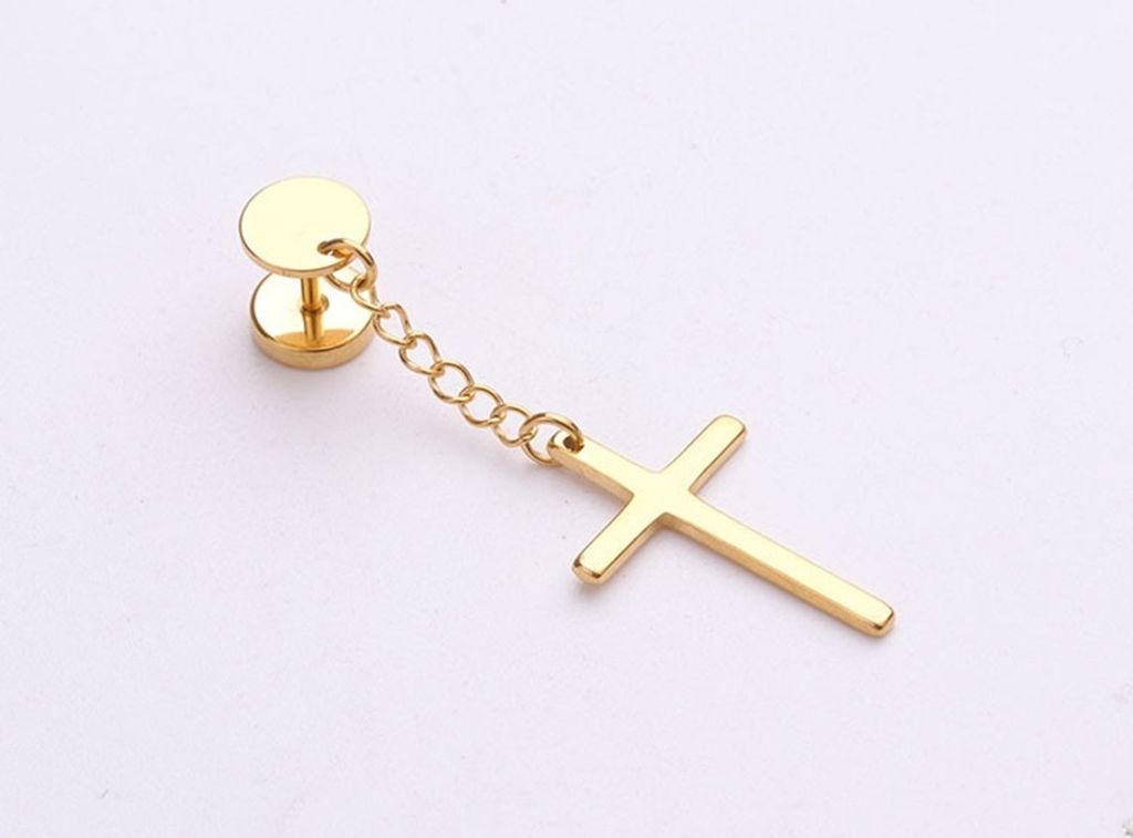 Ohrringe mit hängender Feder oder Kreuz Creolen Ohrstecker Gold Kreuz