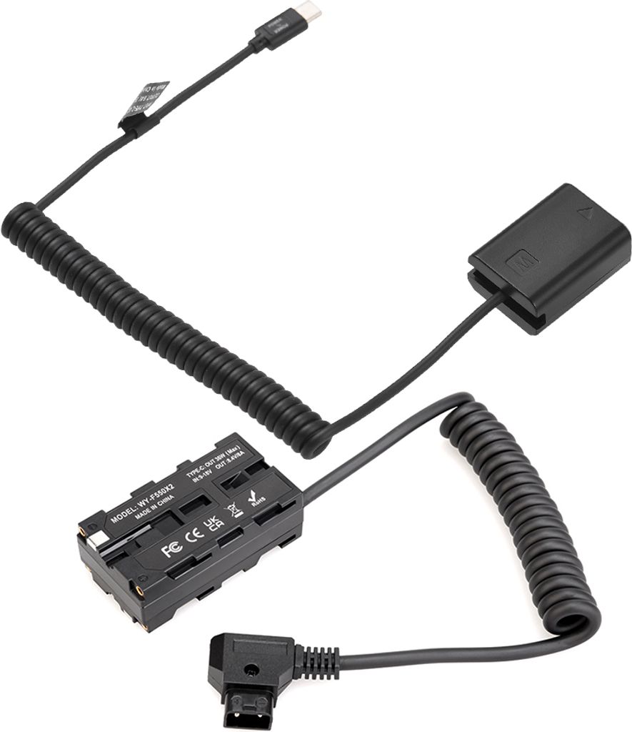 D-Tap auf doppelseitige NP-F550 Dummy-Batterie + Typ-C auf NP-FW50 Dummy-Batterie Spiralkabel DC-Koppler-Zubehoer fuer Sony NEX5 NEX3 Kamera/Monito...