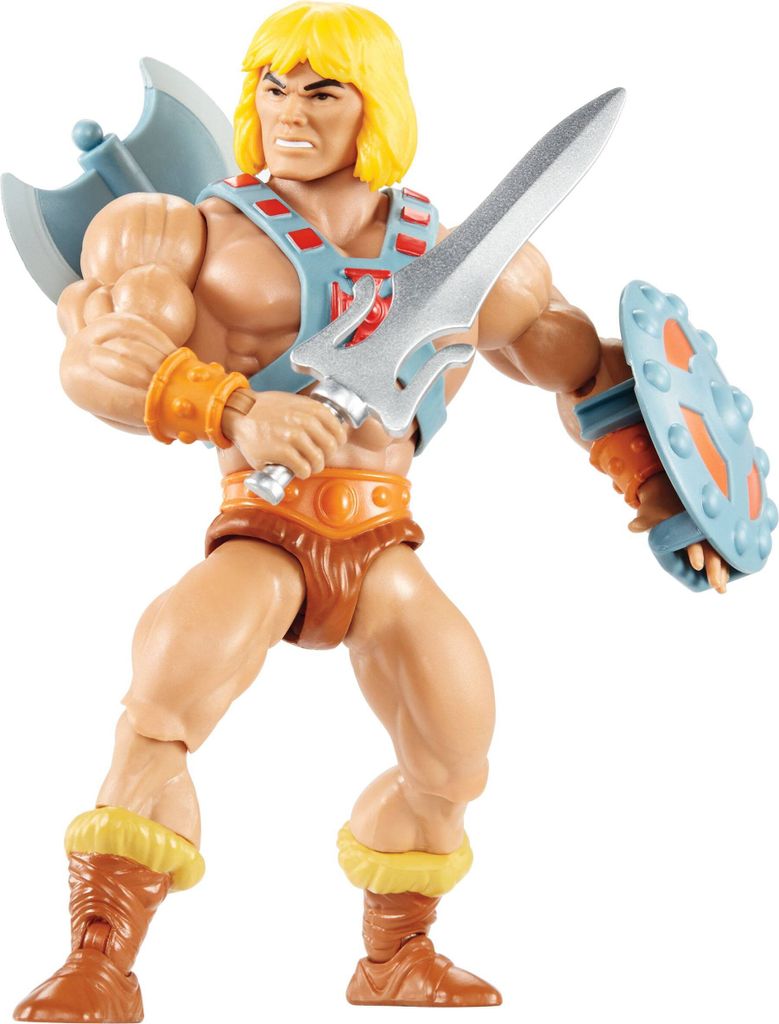 A He-Man action figure is shown in a dynamic pose, holding a sword and shield.
