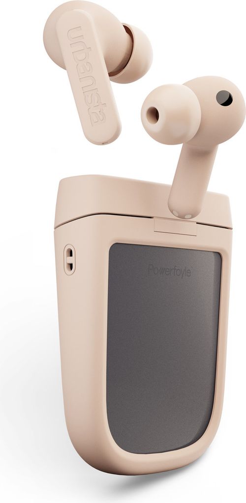 A pair of pink wireless earbuds and their charging case are shown against a white background.