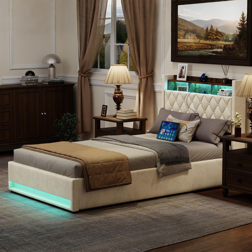 okwish Lit rembourré 140×200 lit jeune avec éclairage LED, Image du produit 