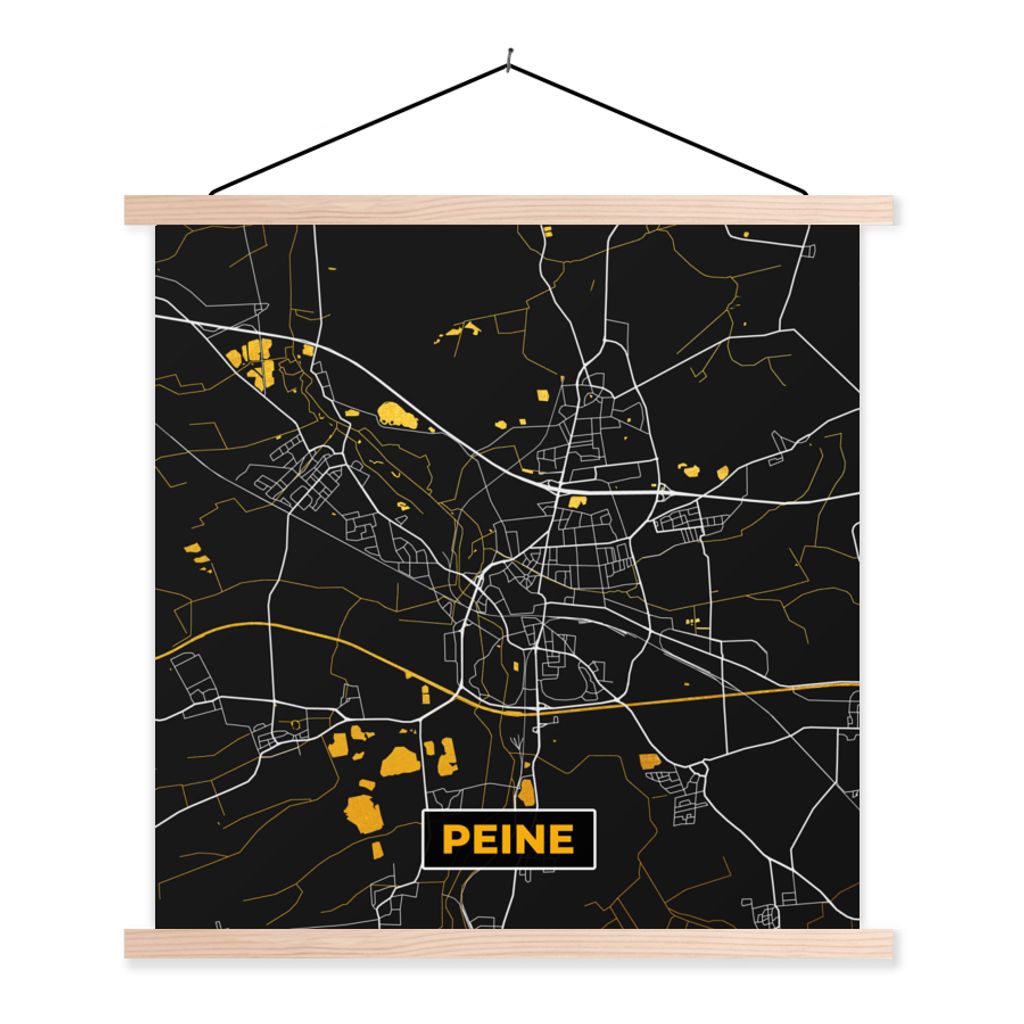 MuchoWow Textilposter Deutschland - Schwarz und Gold - Peine - Stadtplan - Karte 40x40 cm mit holzfarbenen Rahmen - Posterleiste