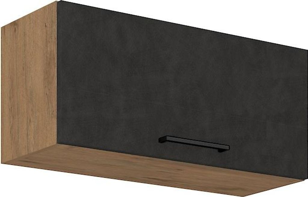 A single kitchen cabinet with a black front and a wood-grain side.