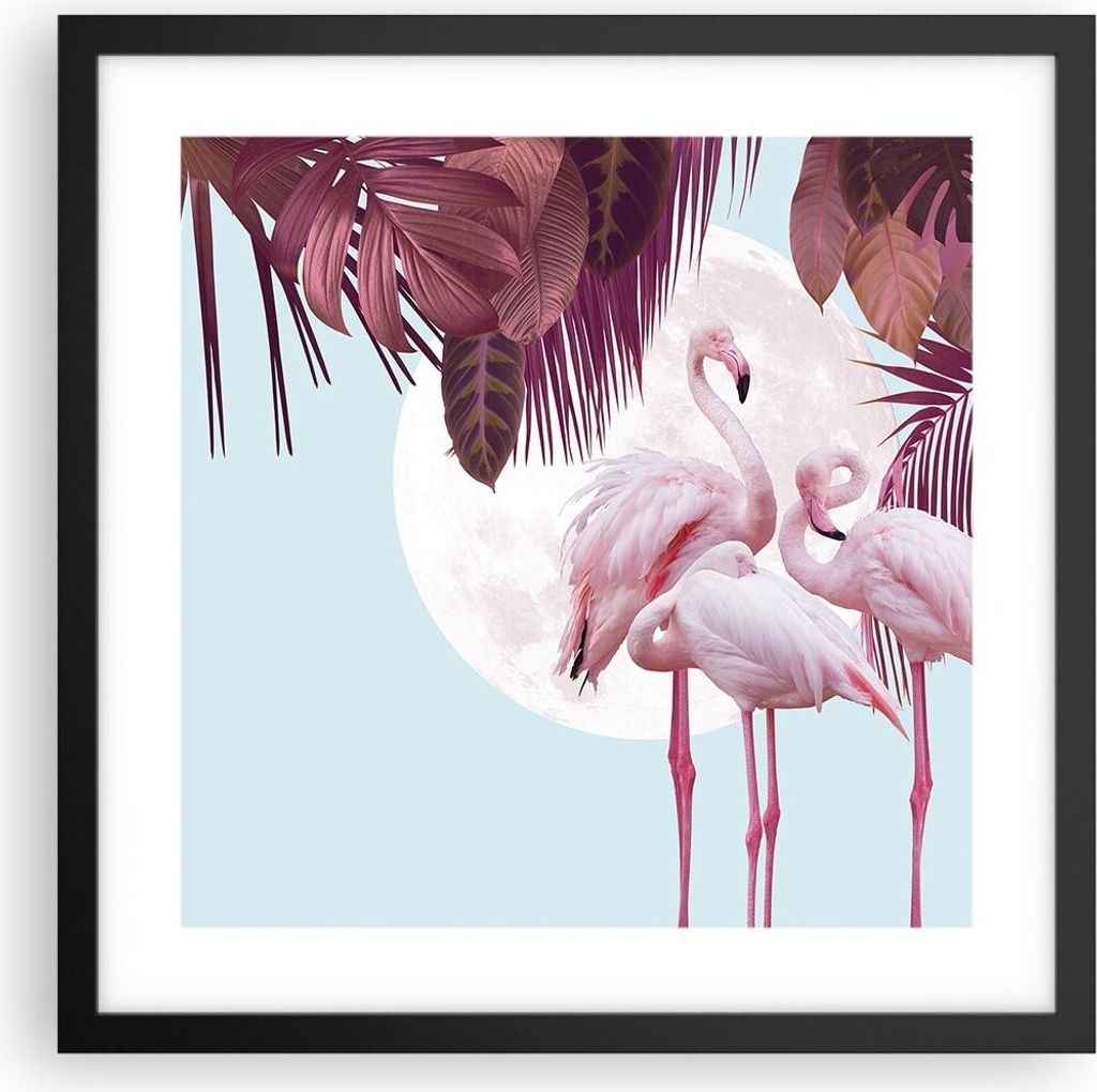 Gerahmtes Poster - Schwarzer Rahmen - Flamingos Palmen Mond Produktbild 