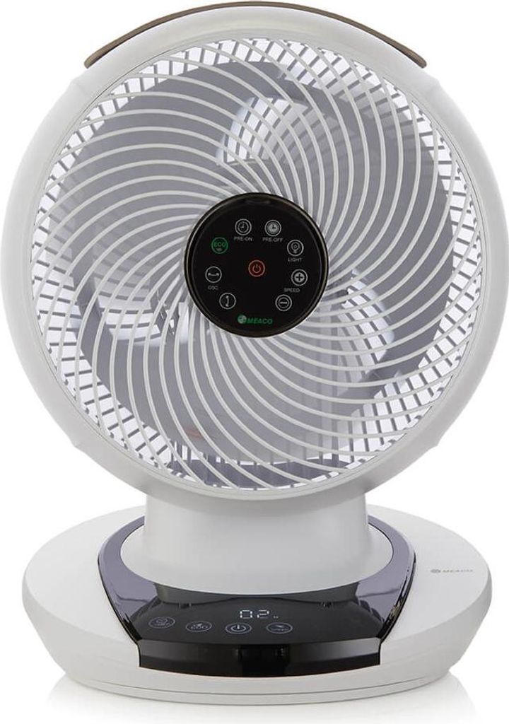 A white electric fan is shown from the front.