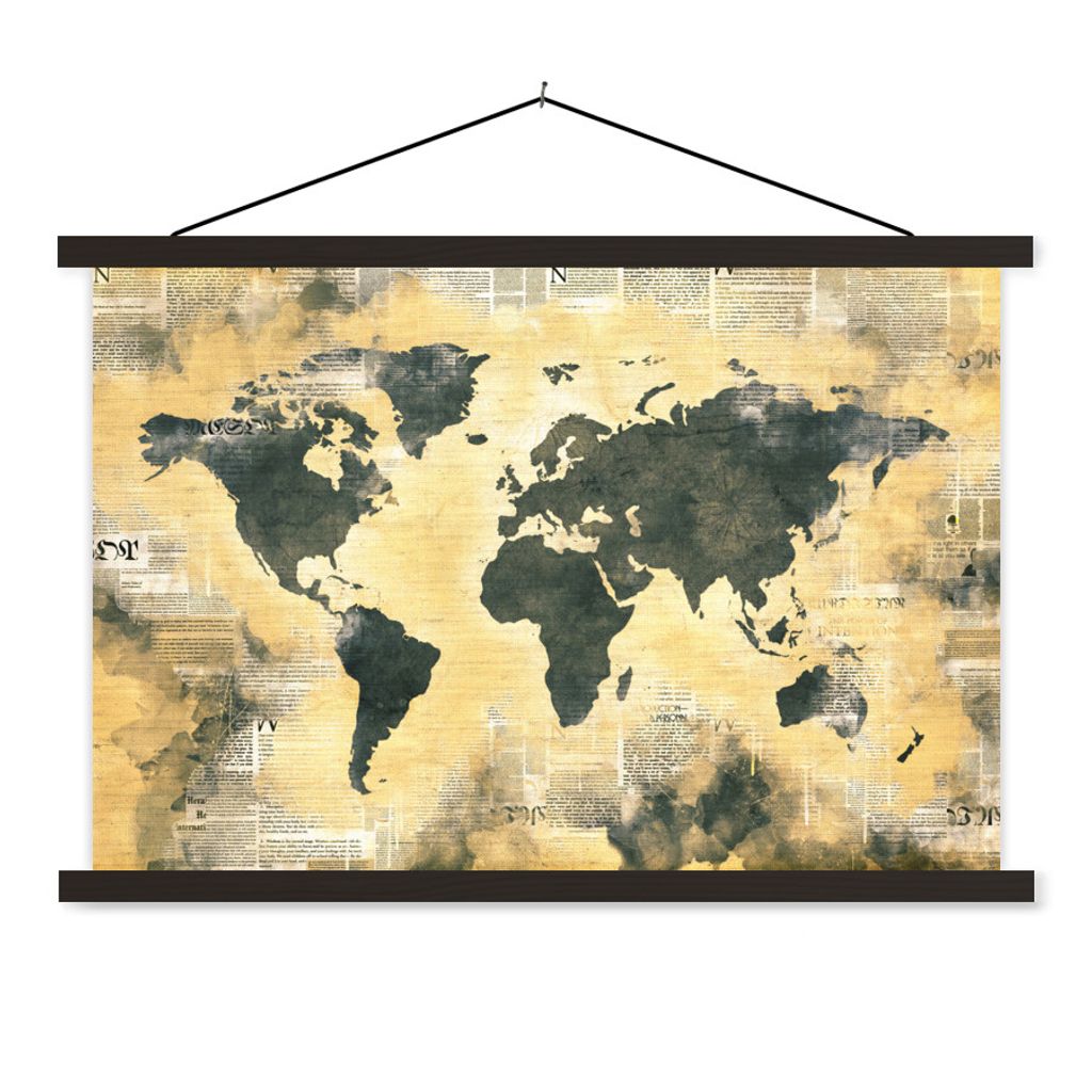 MuchoWow Textilposter Weltkarte - Gold - Zeitungen 150x100 cm mit schwarzem Rahmen - Schlafzimmer