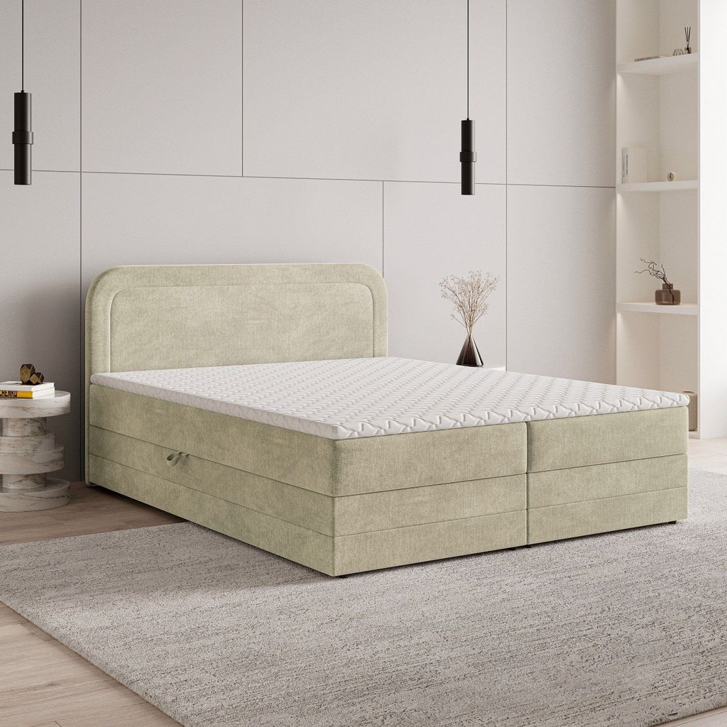 Masseno Boxspringbett ARMEL 140x200 cm Komplett-Set mit Bonell Matratze und Topper, Polsterbett mit Bettkästen -Creme, MONOLITH 04