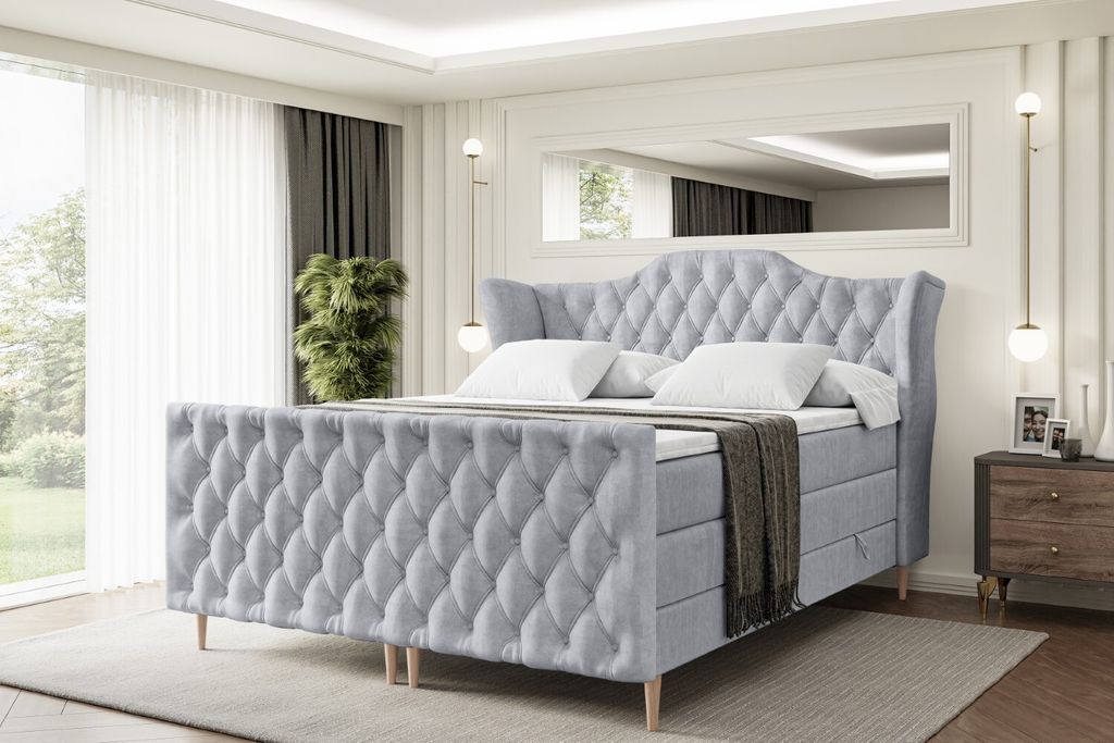 ALTDECOR Boxspringbett mit Holz Füßen, Matratze und Lattenrost, Topper, Fußteil, Polsterbett mit Bettkasten, Bett mit Stauraum H3- und H4- Matra...
