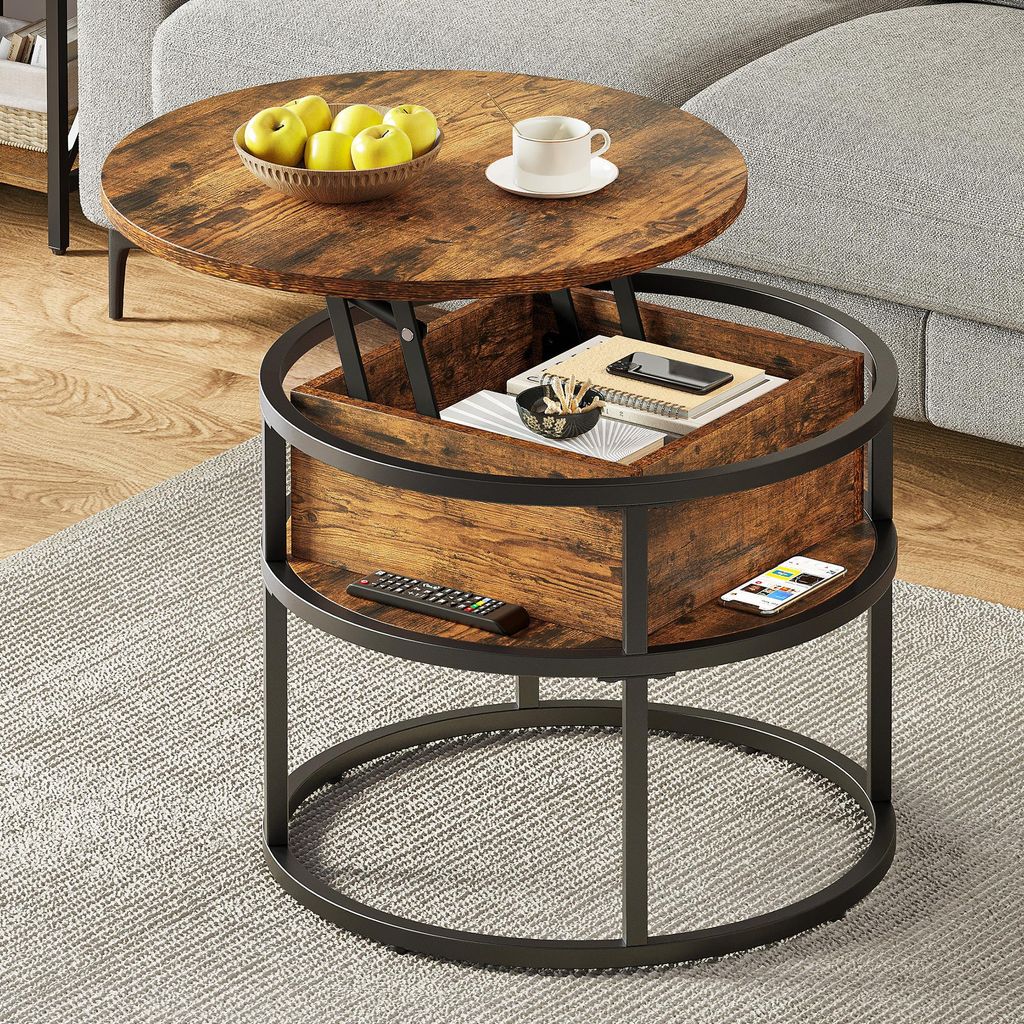 BALCONERA Couchtische, Beistelltische, Wohnzimmertisch, Rund, Anhebbarer Tischplatte, Höhenverstellbar, Stauraum, 60x60x47cm