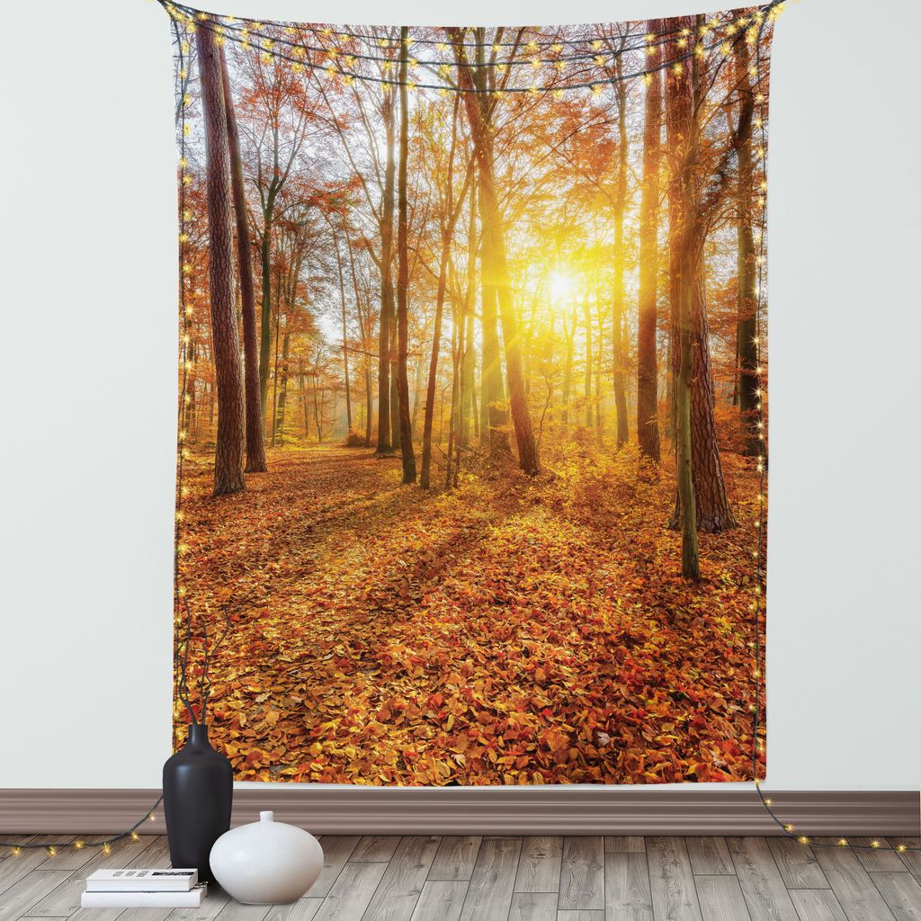 ABAKUHAUS Wald Wandteppich, Nebeliger Sunbeams Sunburst ländliches Land Waldland im Fall Landschafts Bild, Wohnzimmer Schlafzimmer Seidiger Satin ...