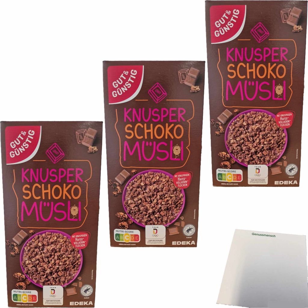 Gut & Günstig Knusper Schoko Müsli mit knusprigen Hafervollkornflocken 3er Pack (3x600g Packung) + usy Block