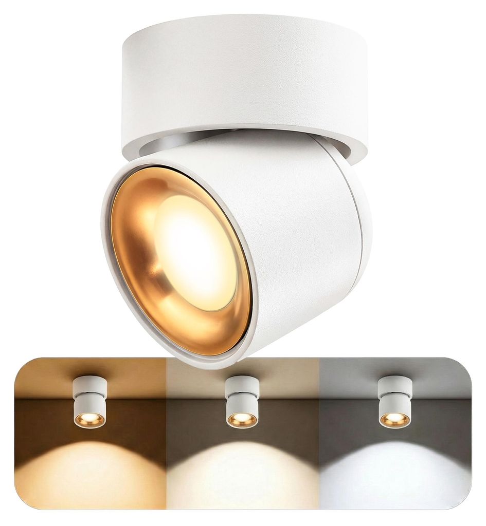 AYONA Deckenleuchte weiß gold schwenkbar IP54 - Wohnzimmerlampe mit GU10 dimmbar LumiFLEX LED 6W 3 Lichtfarben - Aufbauleuchte für Feuchträume