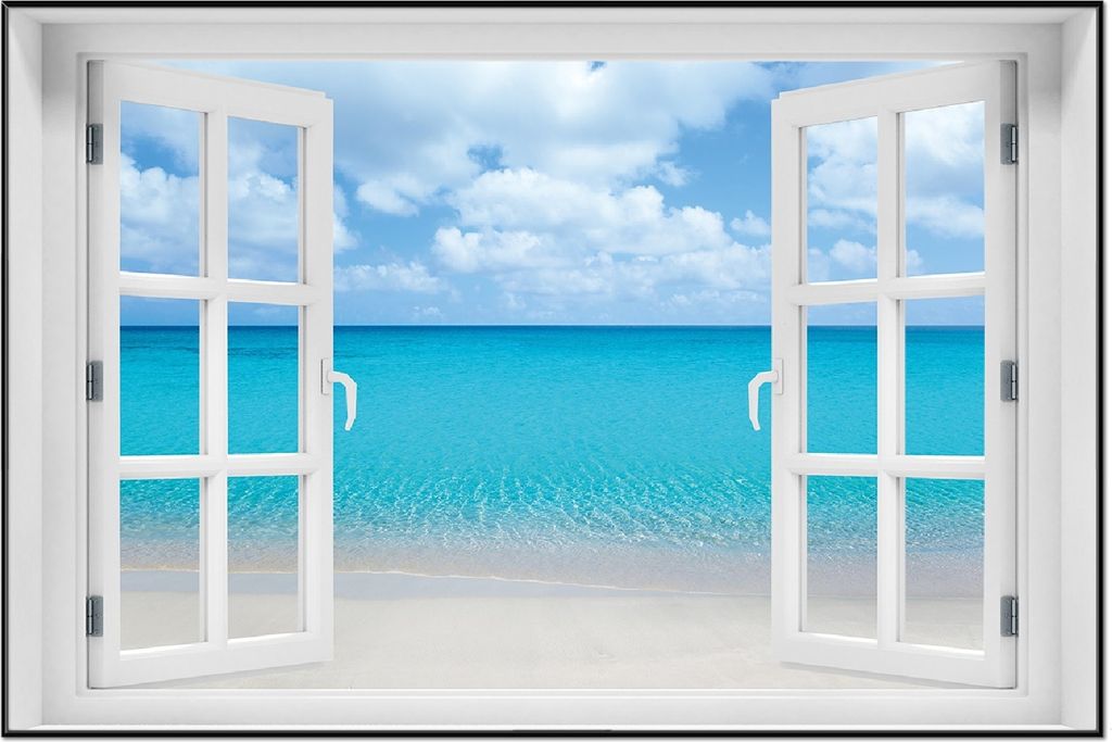 Wallario Wandbild mit Fenster-Illusion: Sandstrand und blaues Meer, Größe: 61 x 91,5 cm, Poster mit schwarzem Aluminiumrahmen