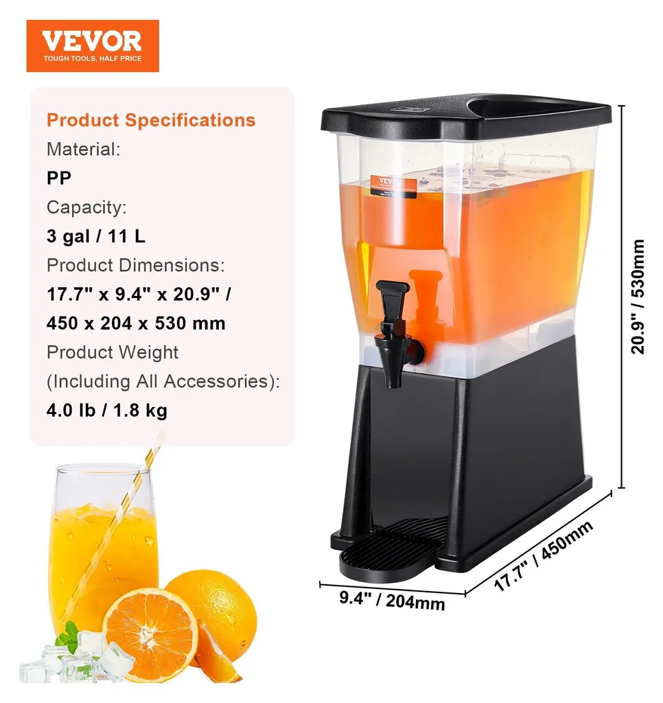 Distributore di bevande, distributore d'acqua da 11 L Distributore di bevande per feste, distributore di succo di frutta in plastica con coperchio a rubinetto, distributore di tè freddo e limonata, per ristoranti, hotel, feste, ecc. - 7