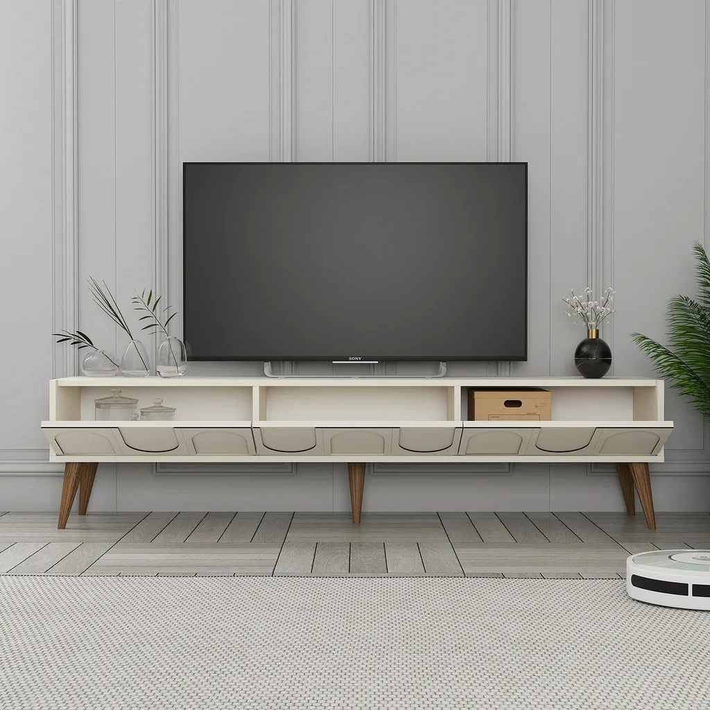 Banc TV design bicolore crème et bois pour grand écran de salon