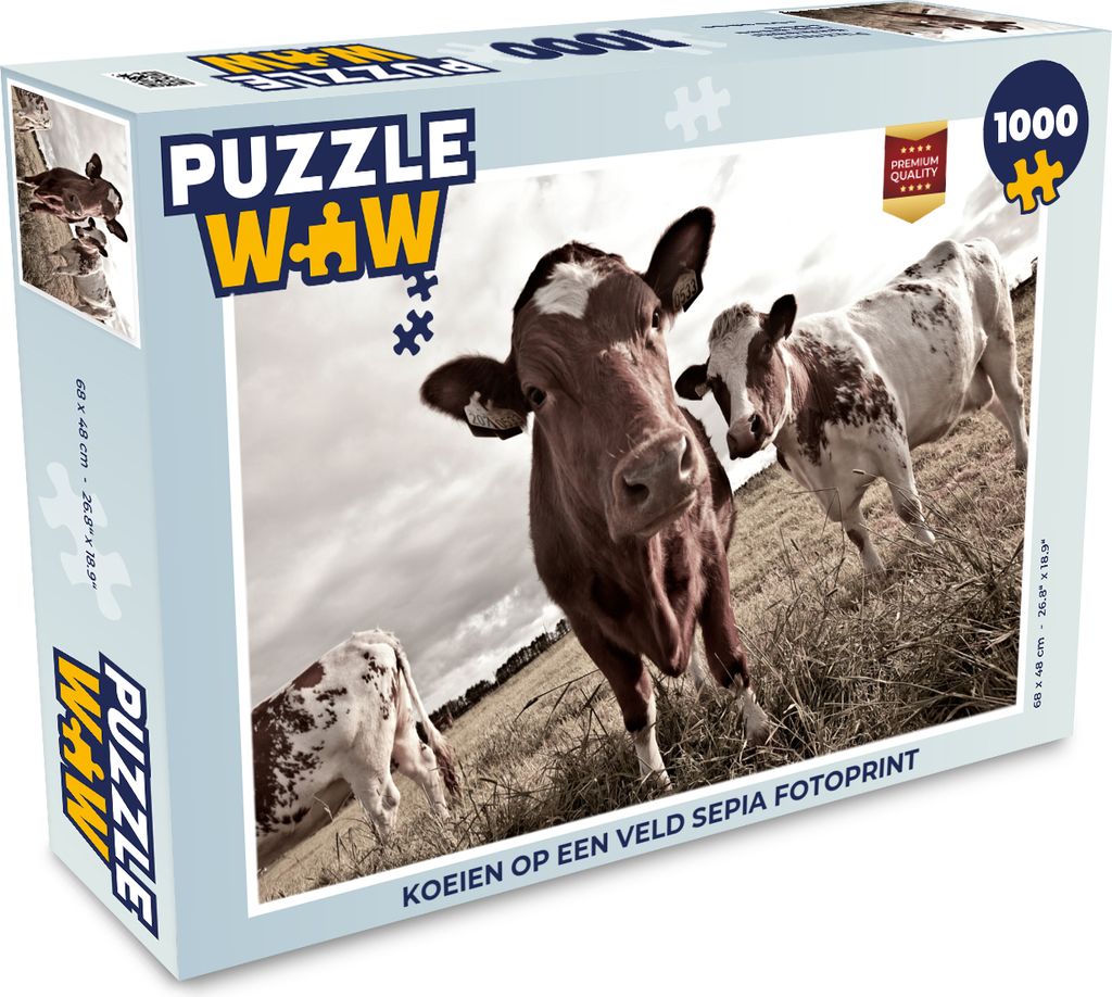 MuchoWow Puzzle 1000 Teile Kühe auf einem Feld Sepia-Fotodruck - Erwachsene - Rätsel