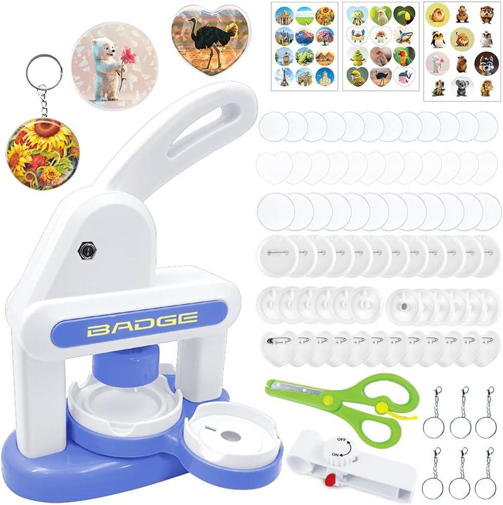 Buttonmaschine, Abzeichen Punch Press Machine mit mehreren Größen (35/55 mm+Liebe), DIY Pin Badge Maker -Kit mit 36x Abzeichen, 1x Rundpapierschn...