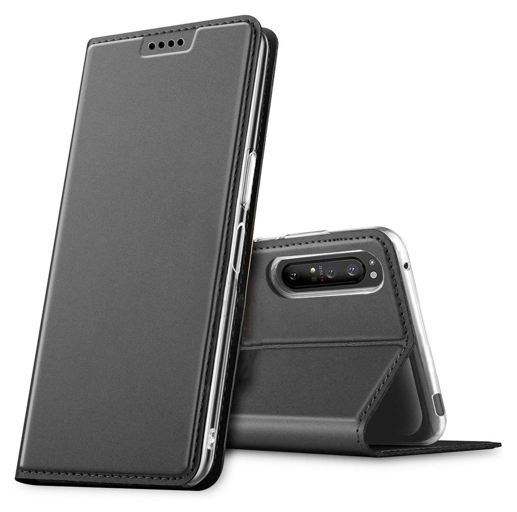 A dark gray flip case for a smartphone is shown from the front and back, with the phone partially visible.