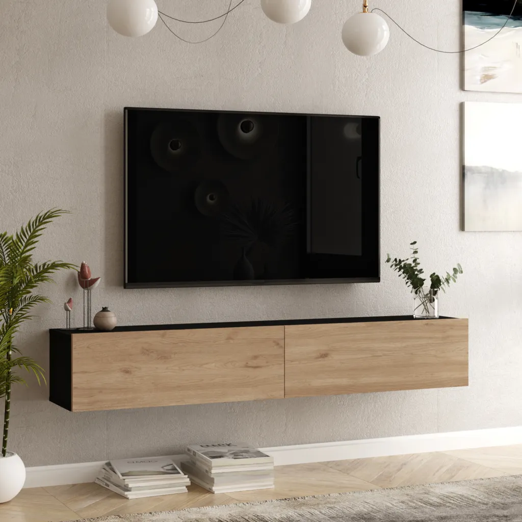 Tavolo TV 'Lapinlahti' 180 x 31,5 x 29,5 cm nero / rovere