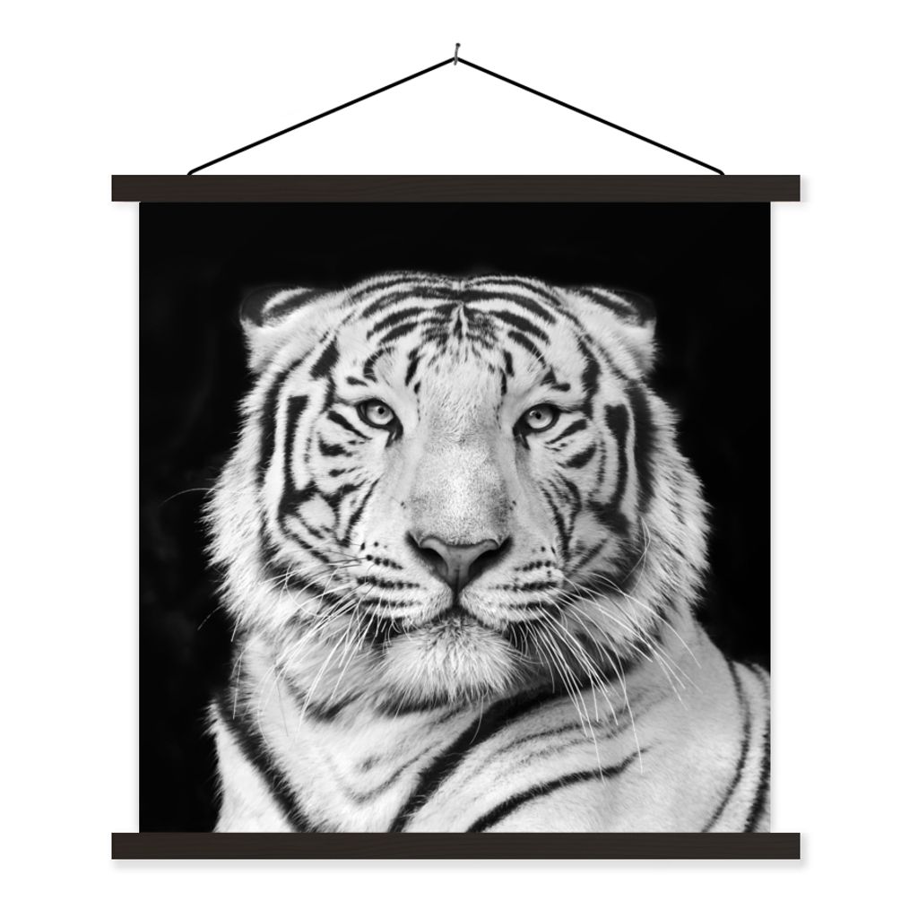 MuchoWow Textilposter Tiger - Schwarz - Weiß - Porträt - Tiere 40x40 cm mit schwarzem Rahmen - Fotos