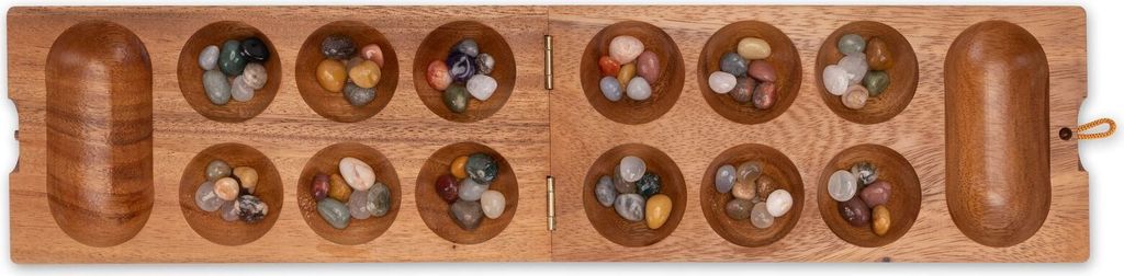 Ajuny Houten Mancala Bordspel – Draagbaar Opvouwbaar Reisbord met 48 32 Multicolor Stenen, Klassiek Strategiespel voor Kinderen & Volwassenen