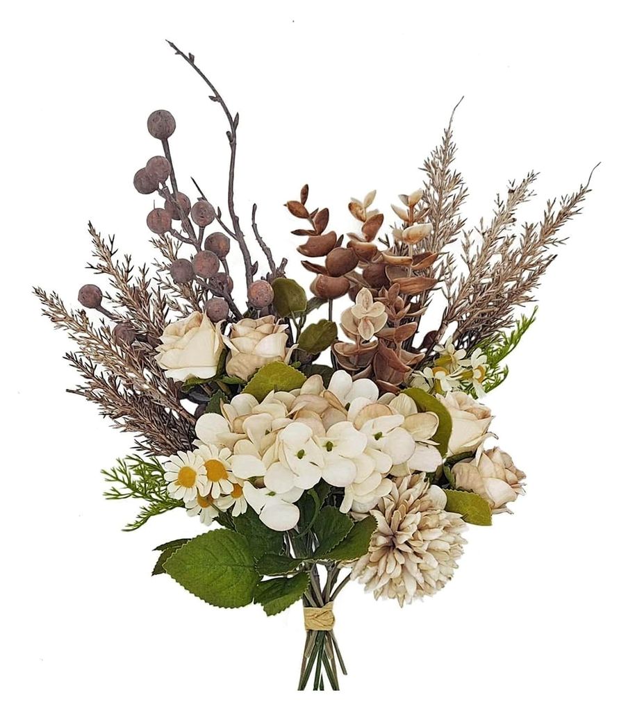 30 cm Kunstseidenblumen Herbststrauß mit Rosen, Löwenzahn, Hortensien, Gänseblümchen und Stechpalmenbeeren - Tischdekoration für Wohnaccessoires