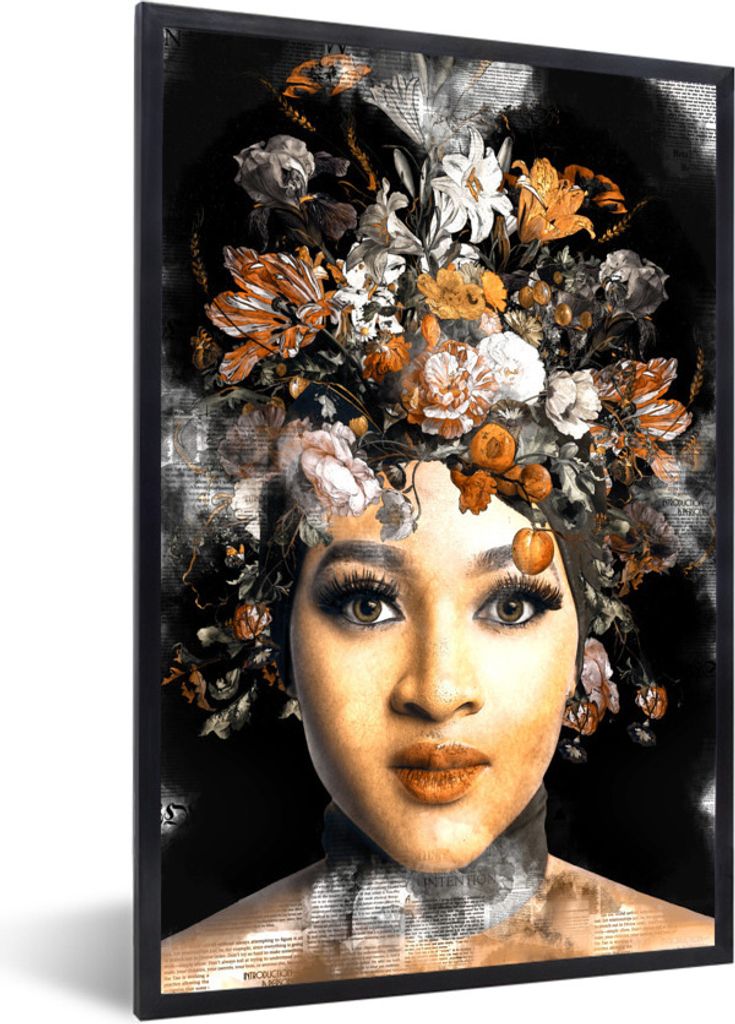 MuchoWow MuchoWow Gerahmtes Poster Frau - Zeitung - Blumen 20x30 cm - Poster mit zchwarzem Bilderrahmen - Drucken - Bilder Poster im Rahmen