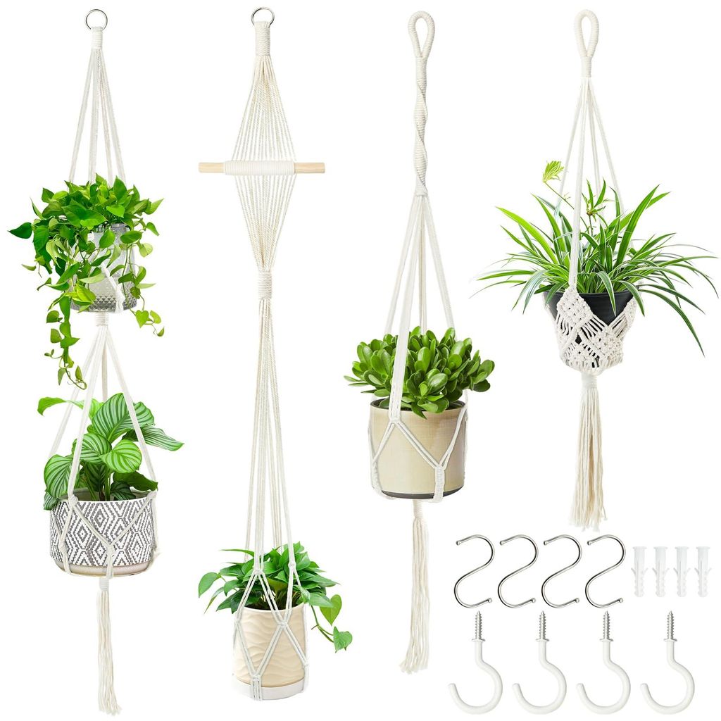 4-teiliger Makramee-Pflanzenampel-Set, für drinnen und draußen, Boho-Baumwollseil-Hängeampel mit Haken, Makramee-Pflanzenampel in verschiedenen ...