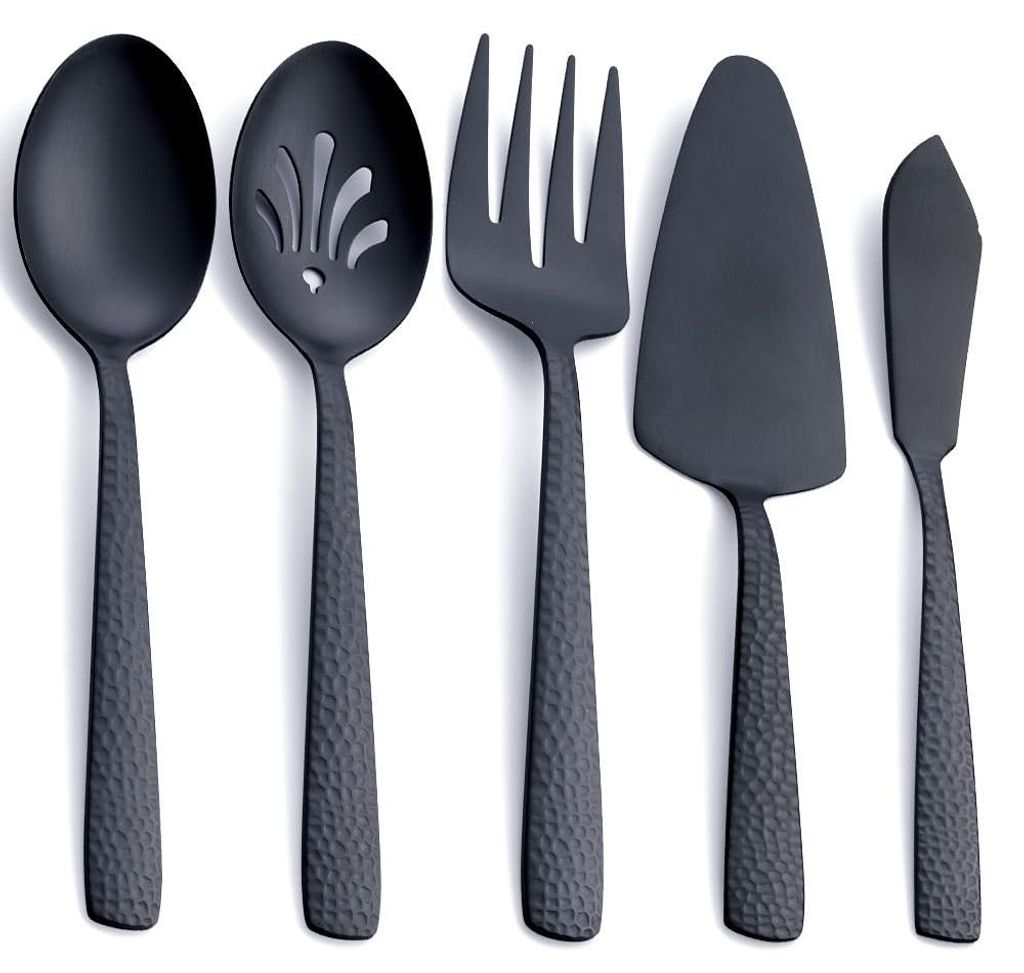 Servierbesteck-Set aus mattschwarzem Edelstahl, bestehend aus Servierlöffel, Schaumlöffel, Serviergabel, Tortenheber und Buttermesser, 5-teilig