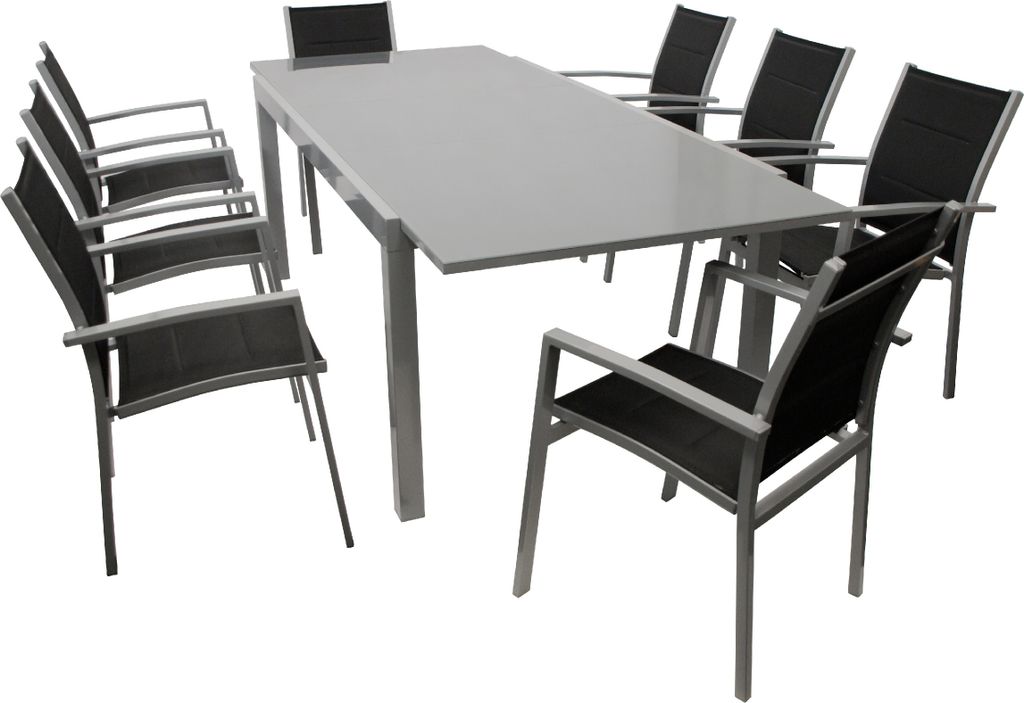 TPFGarden GARTEN-GARNITUR Ashford - 9-teilig Garten-Essgruppe (8x Stapelsessel mit Armlehnen, 1x Ausziehtisch 180/240x100cm), Gestell Aluminium gra...