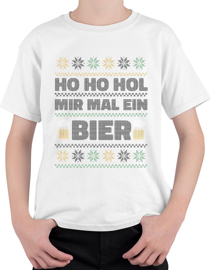 Ho Ho Hol mir mal ein Bier - Ugly Christmas Sweater Weihnachten Uni Kinder T-Shirt, Weiß, 152