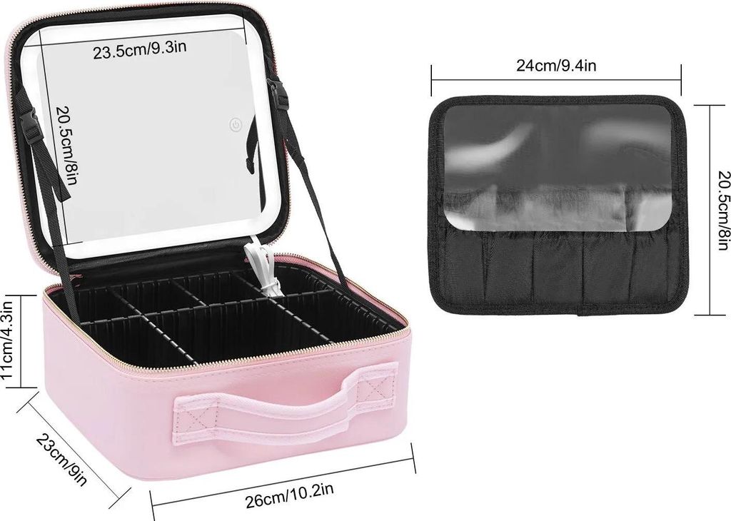 Kosmetiktasche - Reise Make-up Tasche mit LED-Spiegel - Helligkeit einstellbar - Großes Volumen - Unterteilte Fächer - Kunstleder - Rosa