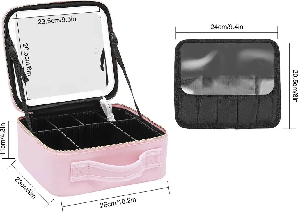 Trousse de maquillage rose en cuir PU avec miroir LED tactile réglable