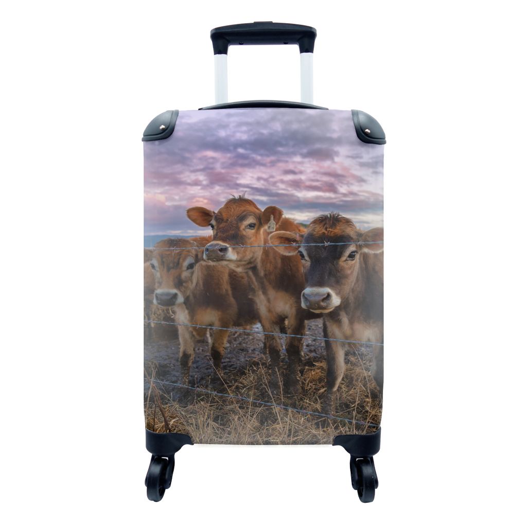 MuchoWow Koffer Handgepäck Trolley Rollkoffer Kleine Reisekoffer mit 4 Rollen - Kuh - Tiere - Zaun - Himmel - Cabin Size < 55x40x23 cm & 55x40x2...