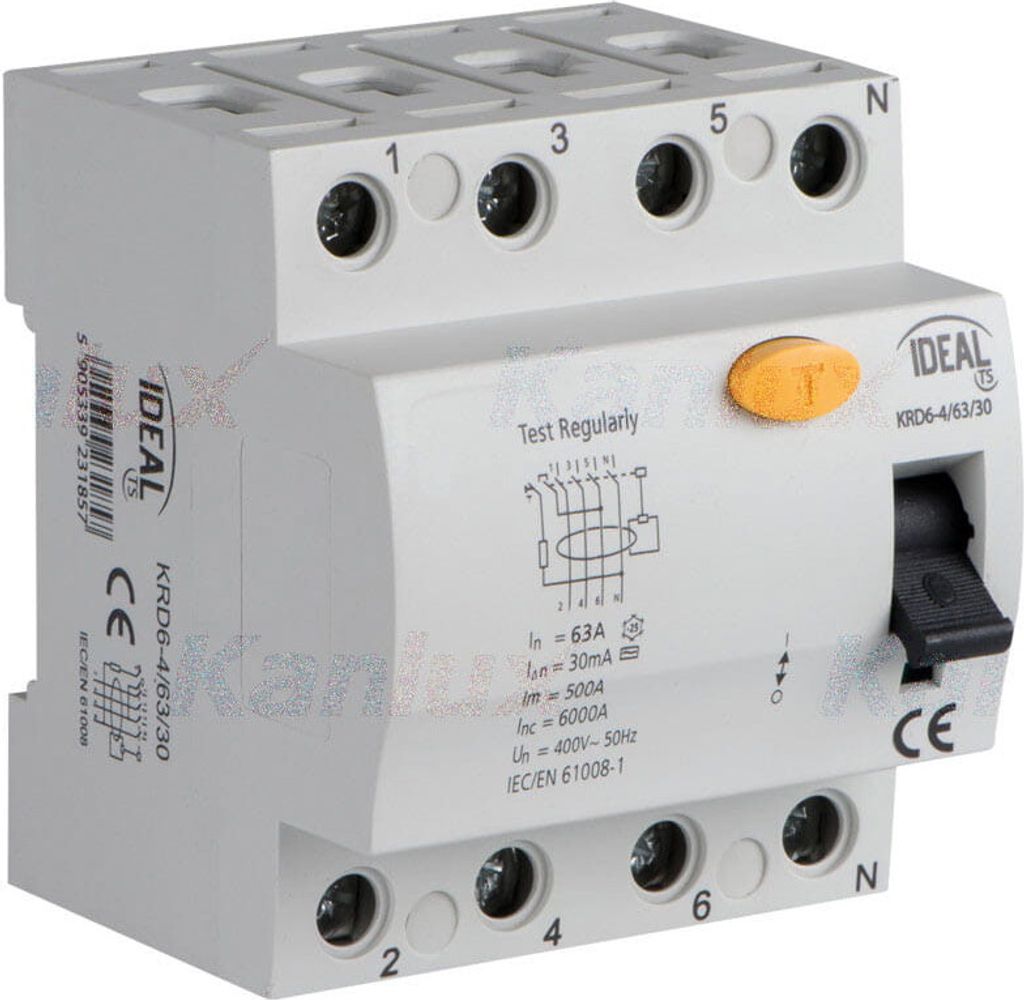 4P 63a 30mA Differenzialschutzschalter KRD6-4/63/30 Kanlux 23185