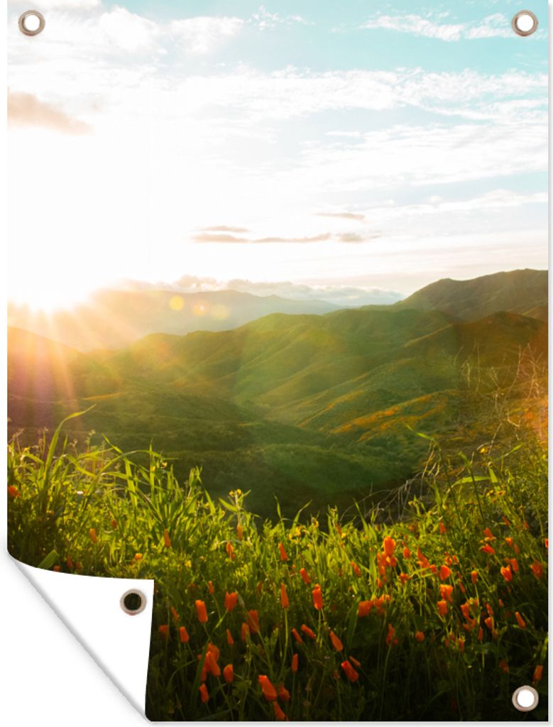 MuchoWow 60x80 cm Outdoor-Poster Gartendeko Sichtschutz Garten Poster für den Garten Hügel - Sonnenuntergang - Gras - Grün