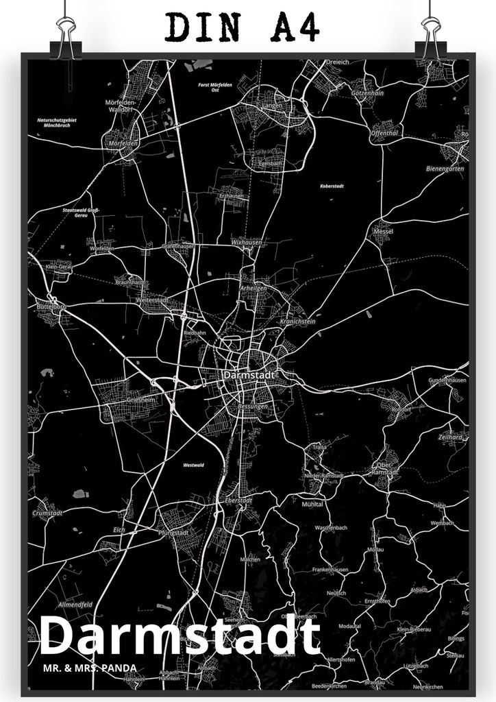 Mr. & Mrs. Panda Bild Darmstadt DIN A4 - Geschenk, Stadt Dorf Karte Landkarte Map Stadtplan, drucke, wanddeko, Posterdruck, Wandbild