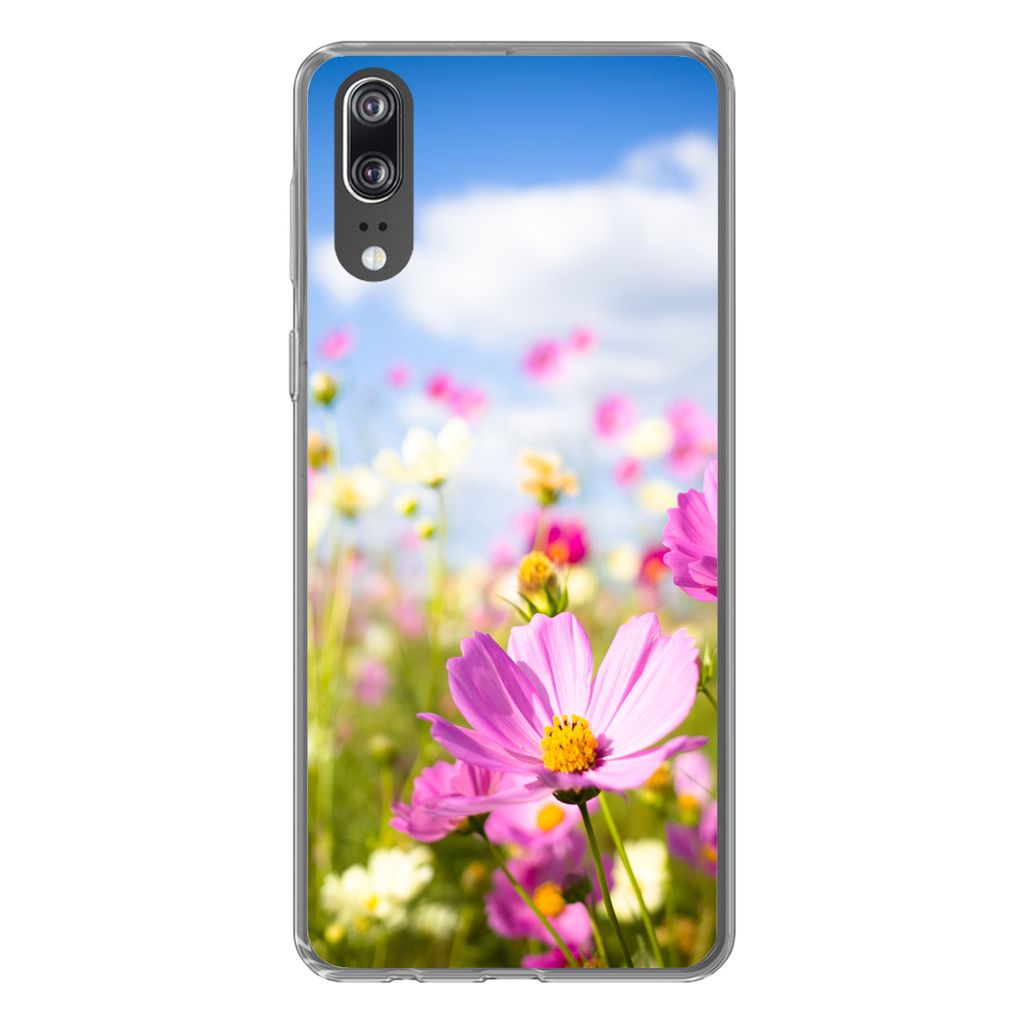 MuchoWow Handyhülle Schutzhülle Hülle für Huawei P20 Blumen - Wiese - Lila - Gras - Weiß - Wolken - Blau Silikon Softcase Handy Hülle - Har...
