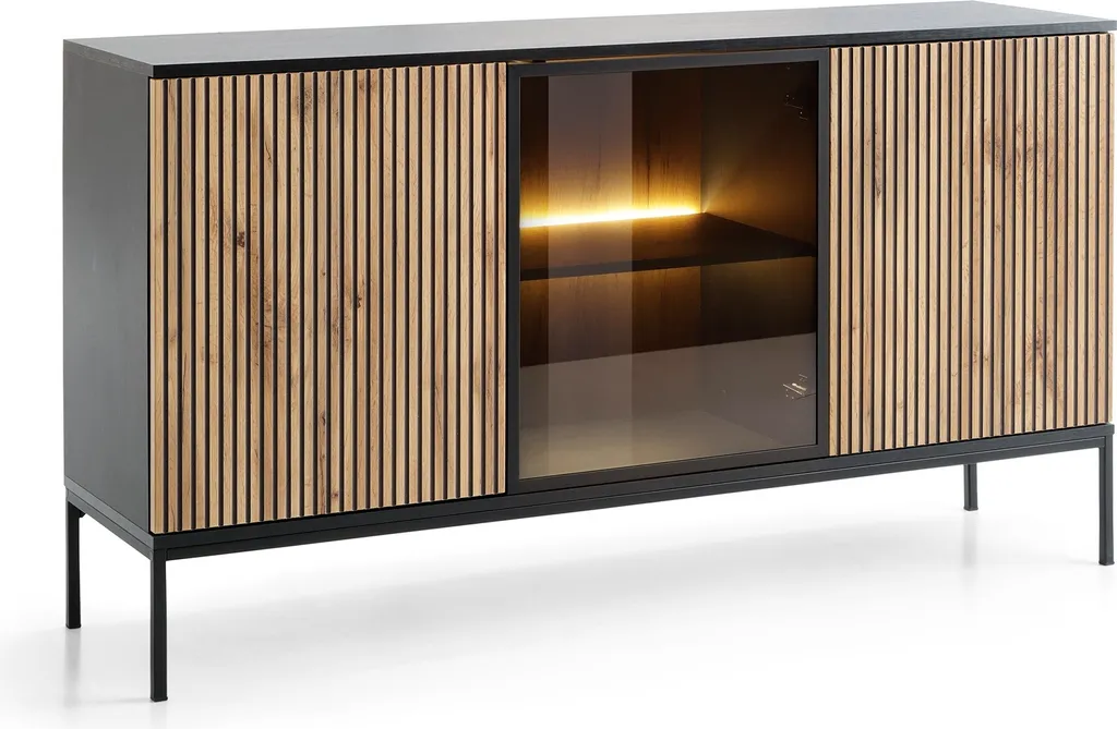 Buffet 3 Portes avec Éclairage LED et Pieds en Bois Chêne Wotan Haller