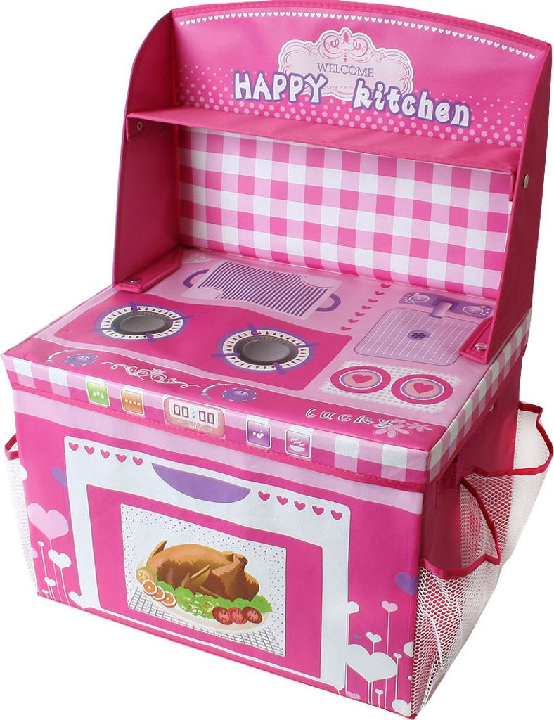 TE-Trend Faltbare Aufbewahrungsbox Spieltruhe Mädchen Küche Rosa Spielküche Box Deckel Ordnungsbehälter Spielzeugtruhe Kinderzimmer