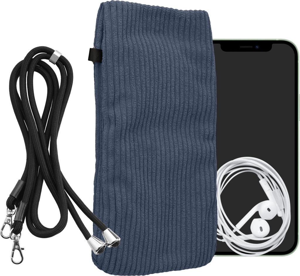 kwmobile Handytasche für Smartphones XL - 6,7/6,8" Handy Tasche - Cord Handy Hülle Vintage Blue mit Kordel - Tasche mit Handykette 16,7 x 9,5 cm