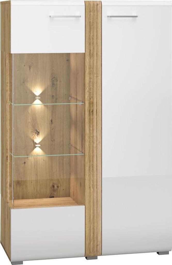 Highboard Vitrine Eiche Castello Nb. mit weiß Hochglanz AKRON-131 MDF Fronten mit filigraner Fräsung, B/H/T: ca. 92/143/42 cm